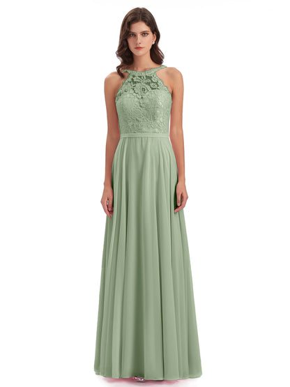 Avery Halter Illusion Lace Long Bridesmaid Dresses