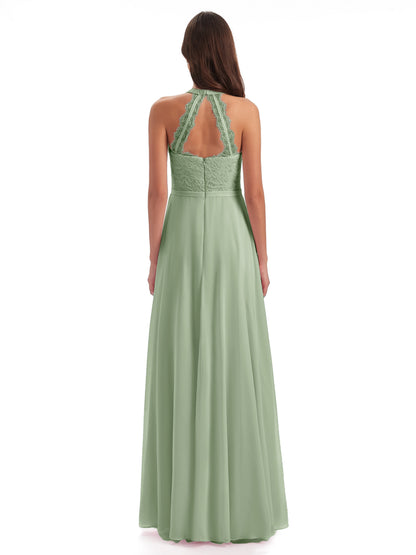 Avery Halter Illusion Lace Long Bridesmaid Dresses