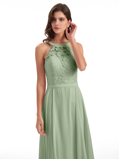 Avery Halter Illusion Lace Long Bridesmaid Dresses