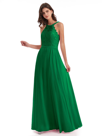 Avery Halter Illusion Lace Long Bridesmaid Dresses