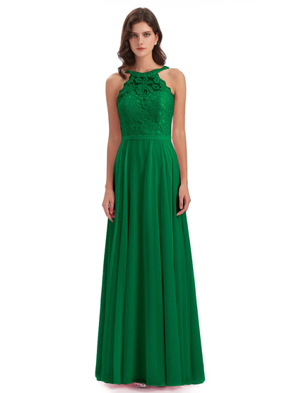 Avery Halter Illusion Lace Long Bridesmaid Dresses