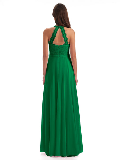 Avery Halter Illusion Lace Long Bridesmaid Dresses