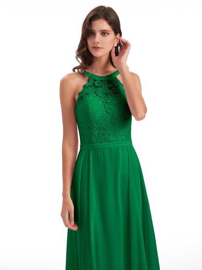 Avery Halter Illusion Lace Long Bridesmaid Dresses