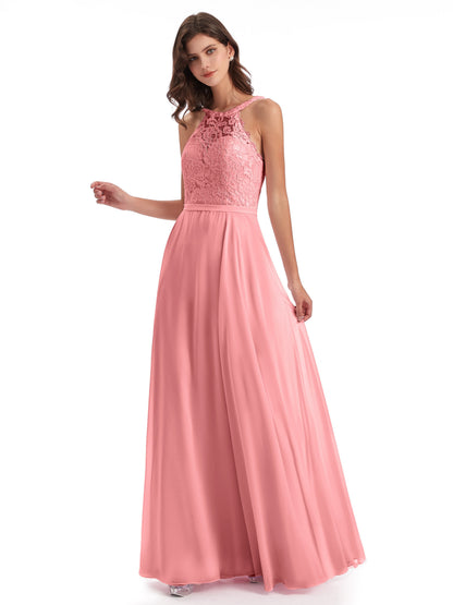 Avery Halter Illusion Lace Long Bridesmaid Dresses