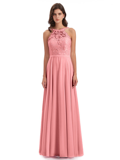 Avery Halter Illusion Lace Long Bridesmaid Dresses