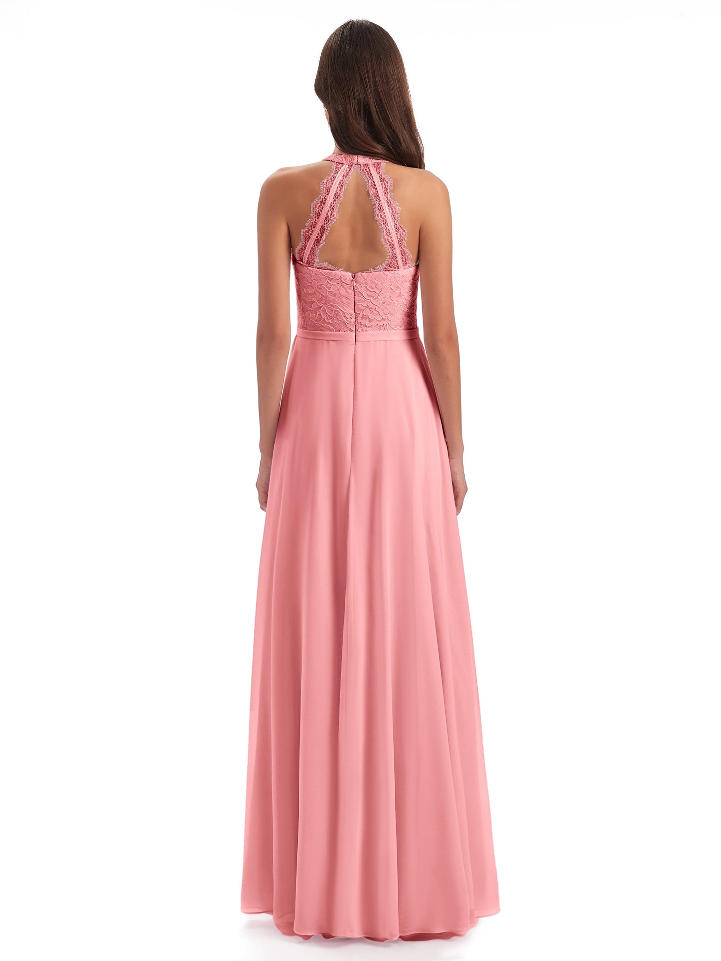 Avery Halter Illusion Lace Long Bridesmaid Dresses