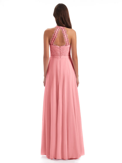 Avery Halter Illusion Lace Long Bridesmaid Dresses