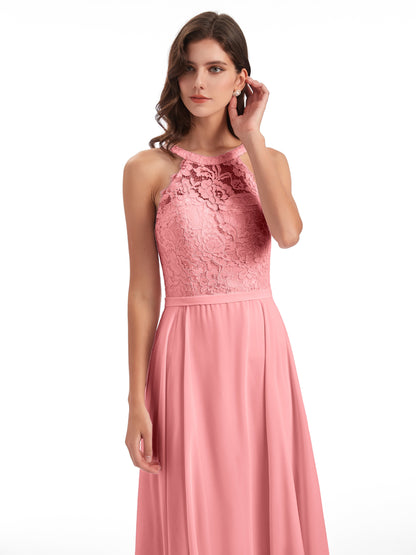 Avery Halter Illusion Lace Long Bridesmaid Dresses
