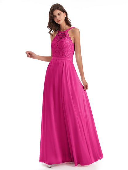Avery Halter Illusion Lace Long Bridesmaid Dresses