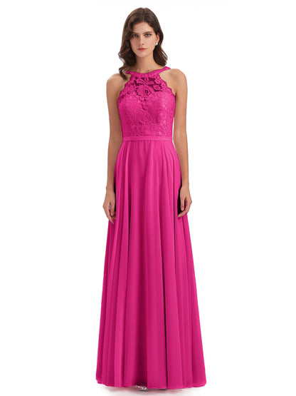 Avery Halter Illusion Lace Long Bridesmaid Dresses