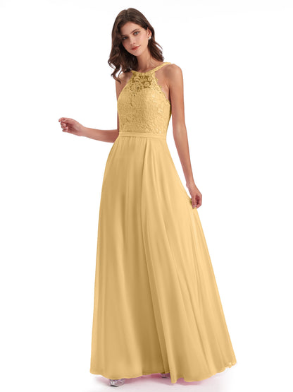 Avery Halter Illusion Lace Long Bridesmaid Dresses