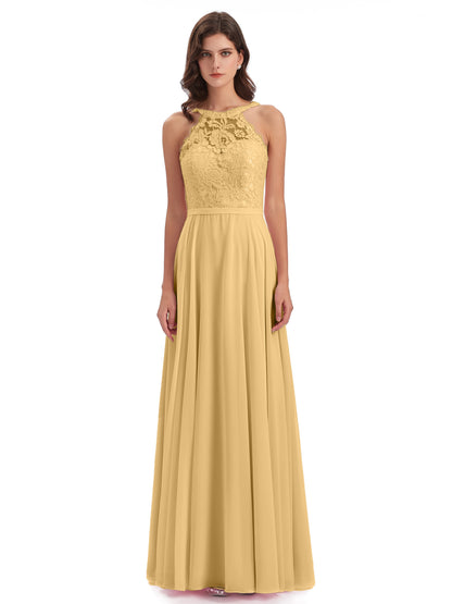 Avery Halter Illusion Lace Long Bridesmaid Dresses