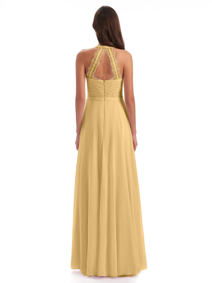 Avery Halter Illusion Lace Long Bridesmaid Dresses