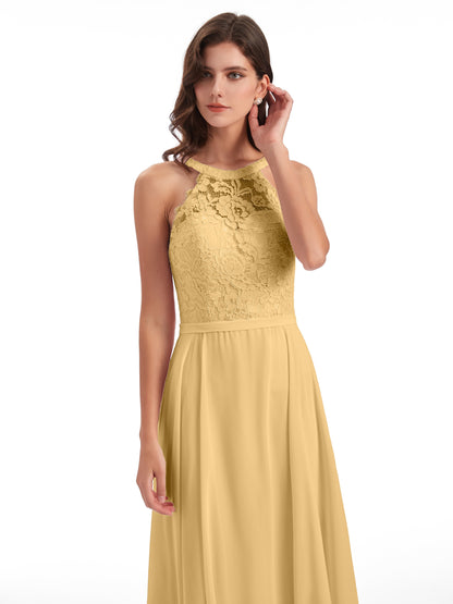 Avery Halter Illusion Lace Long Bridesmaid Dresses
