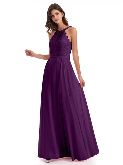 Avery Halter Illusion Lace Long Bridesmaid Dresses