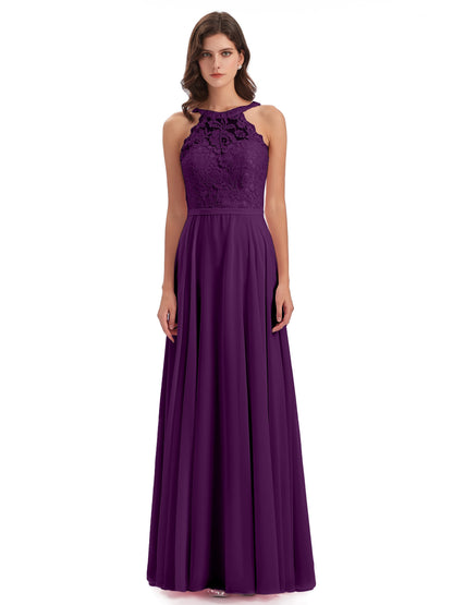Avery Halter Illusion Lace Long Bridesmaid Dresses