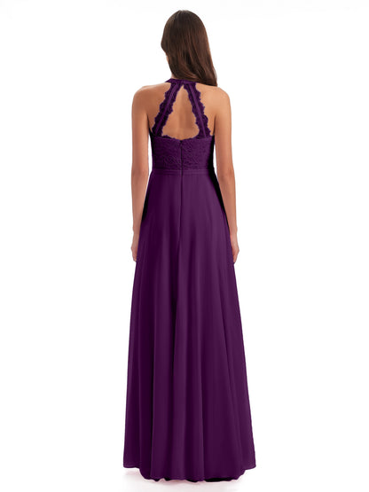Avery Halter Illusion Lace Long Bridesmaid Dresses