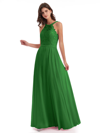 Avery Halter Illusion Lace Long Bridesmaid Dresses