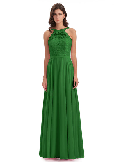 Avery Halter Illusion Lace Long Bridesmaid Dresses