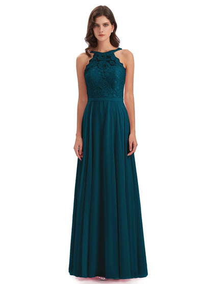 Avery Halter Illusion Lace Long Bridesmaid Dresses
