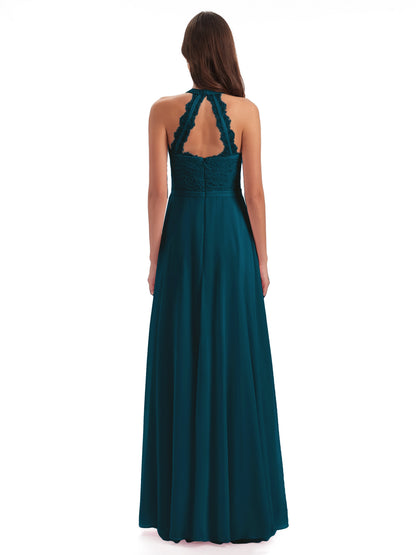 Avery Halter Illusion Lace Long Bridesmaid Dresses
