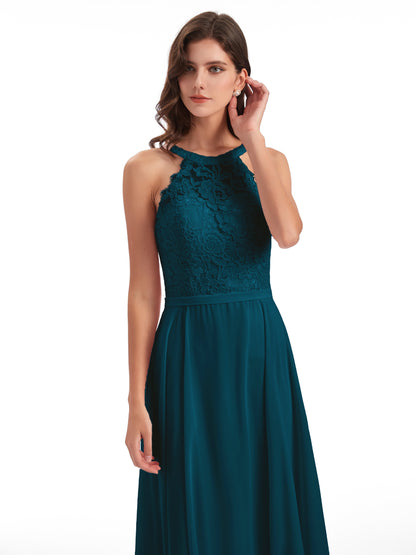 Avery Halter Illusion Lace Long Bridesmaid Dresses
