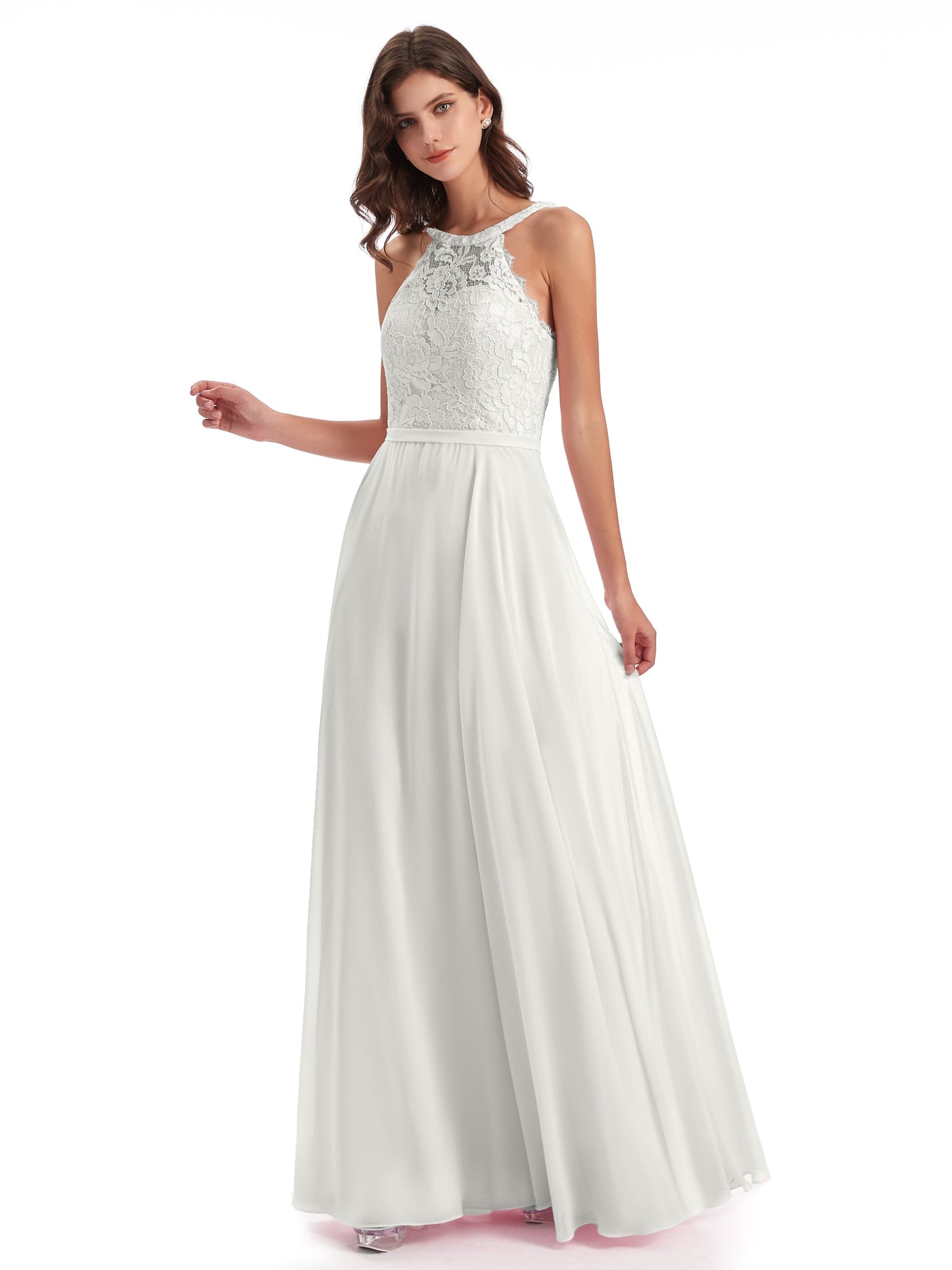 Avery Halter Illusion Lace Long Bridesmaid Dresses
