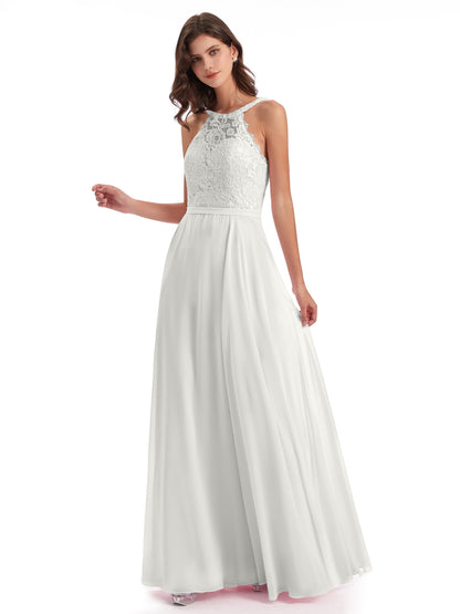 Avery Halter Illusion Lace Long Bridesmaid Dresses