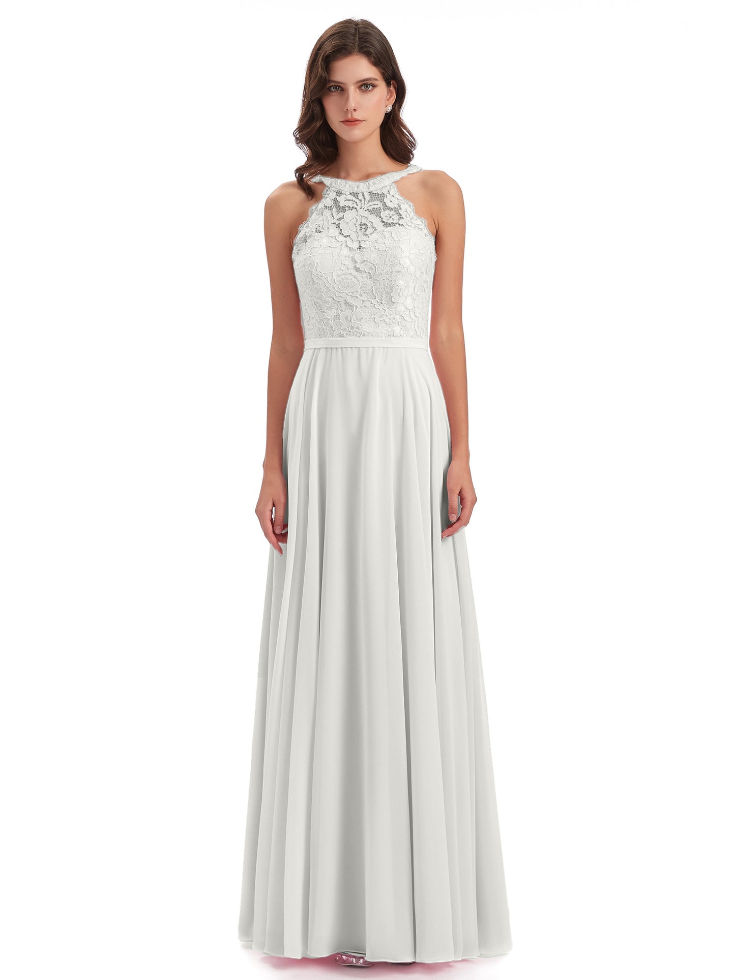 Avery Halter Illusion Lace Long Bridesmaid Dresses
