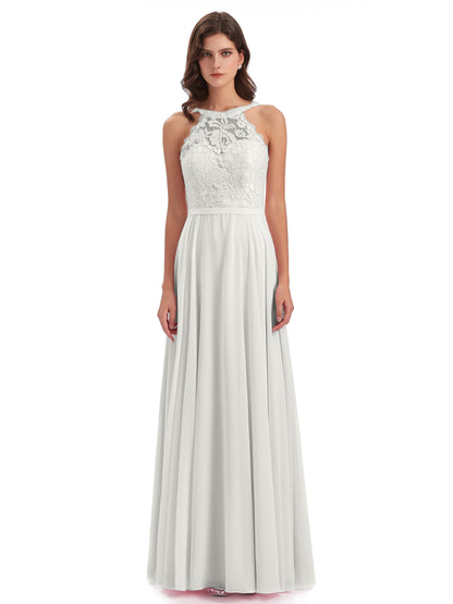 Avery Halter Illusion Lace Long Bridesmaid Dresses