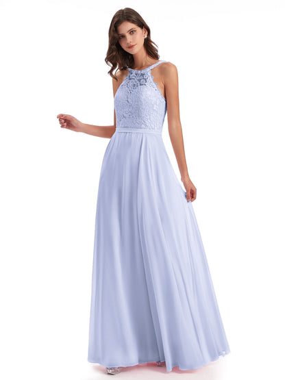 Avery Halter Illusion Lace Long Bridesmaid Dresses
