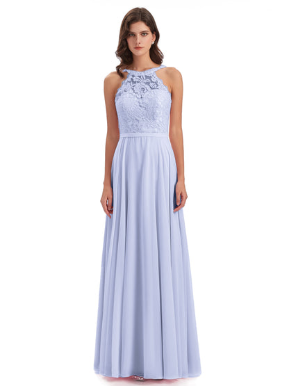 Avery Halter Illusion Lace Long Bridesmaid Dresses