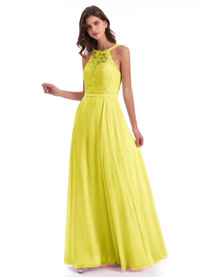 Avery Halter Illusion Lace Long Bridesmaid Dresses