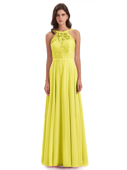 Avery Halter Illusion Lace Long Bridesmaid Dresses