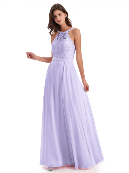 Avery Halter Illusion Lace Long Bridesmaid Dresses