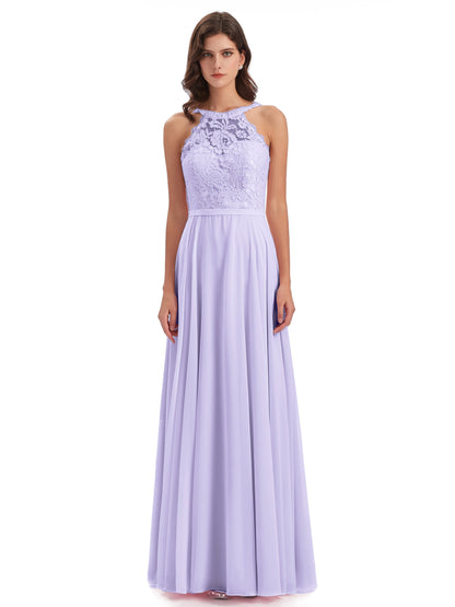Avery Halter Illusion Lace Long Bridesmaid Dresses