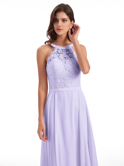 Avery Halter Illusion Lace Long Bridesmaid Dresses