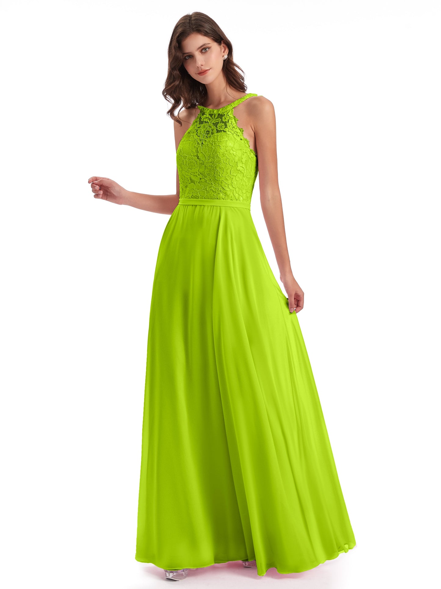 Avery Halter Illusion Lace Long Bridesmaid Dresses
