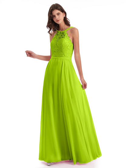 Avery Halter Illusion Lace Long Bridesmaid Dresses