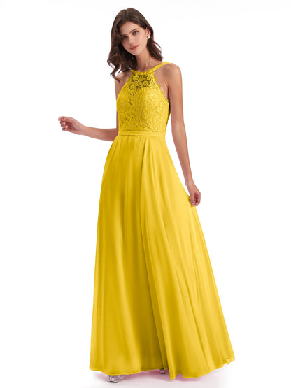 Avery Halter Illusion Lace Long Bridesmaid Dresses