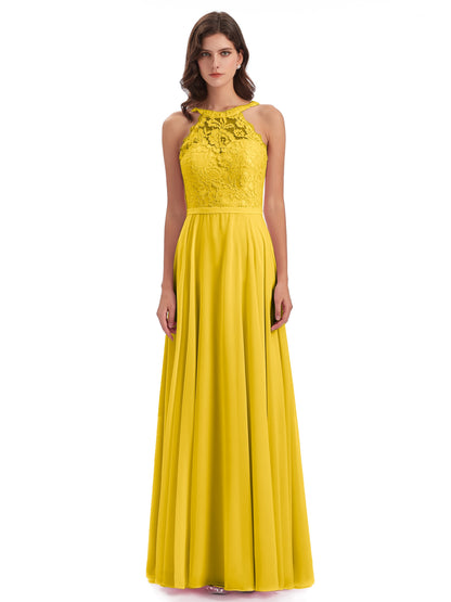 Avery Halter Illusion Lace Long Bridesmaid Dresses