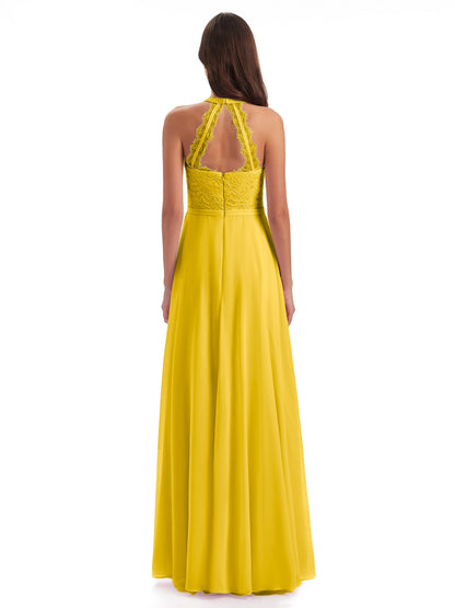 Avery Halter Illusion Lace Long Bridesmaid Dresses