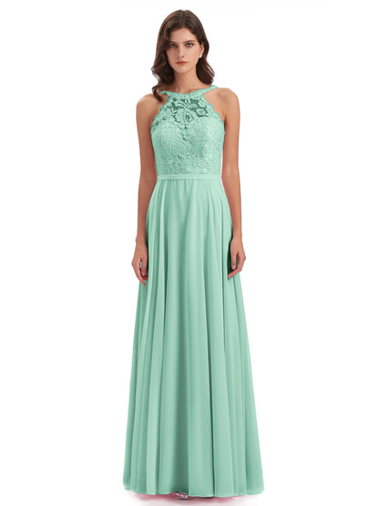 Avery Halter Illusion Lace Long Bridesmaid Dresses