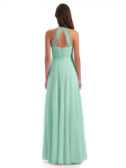 Avery Halter Illusion Lace Long Bridesmaid Dresses
