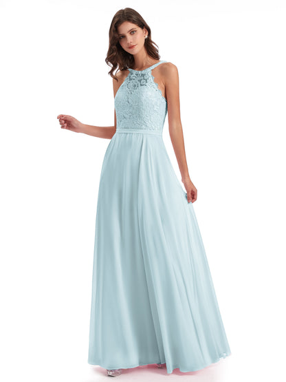 Avery Halter Illusion Lace Long Bridesmaid Dresses