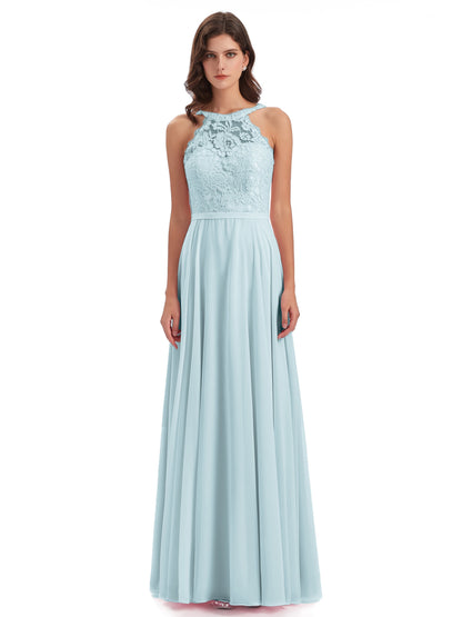 Avery Halter Illusion Lace Long Bridesmaid Dresses