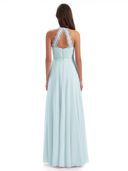 Avery Halter Illusion Lace Long Bridesmaid Dresses