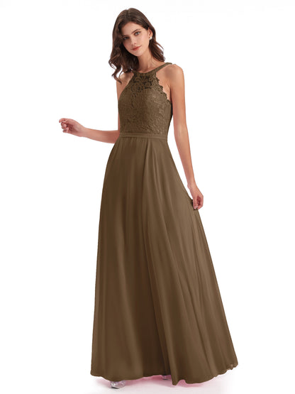 Avery Halter Illusion Lace Long Bridesmaid Dresses