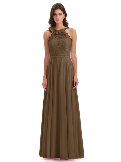 Avery Halter Illusion Lace Long Bridesmaid Dresses