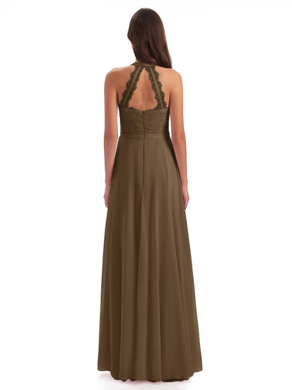 Avery Halter Illusion Lace Long Bridesmaid Dresses